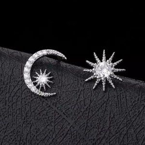 NEW 925 Sterling Silver Diamond Moon Star Earrings